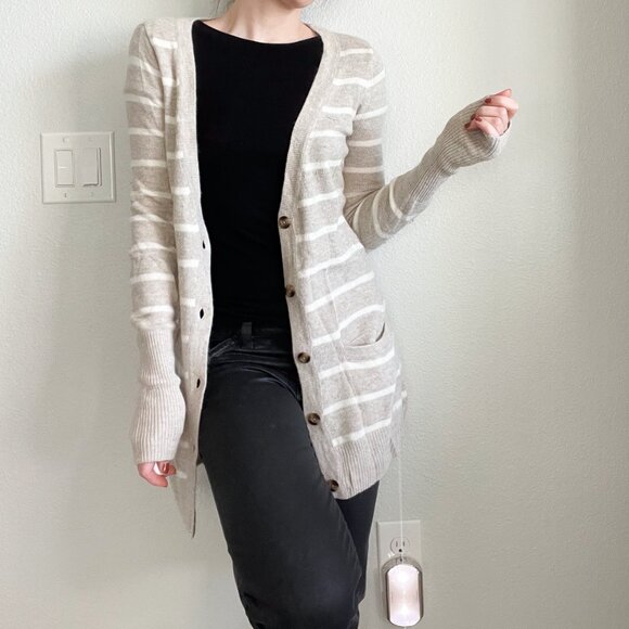 Vintage Abercrombie & Fitch Striped Tan & Ivory V-Neck Dad Cardigan (S) - Picture 5 of 10